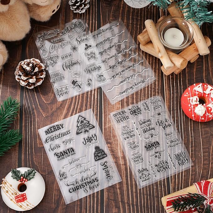 Whaline 4 Sheet Christmas Words Clear Stamps Greeting Words Santa Xmas Tree - Image 7