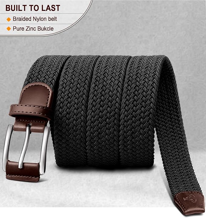 BULLIANT Belt for Men 2Pack,Mens Gift Stretch Braided Web Belt Elastic for Casual Golf Jeans,1 3/8"