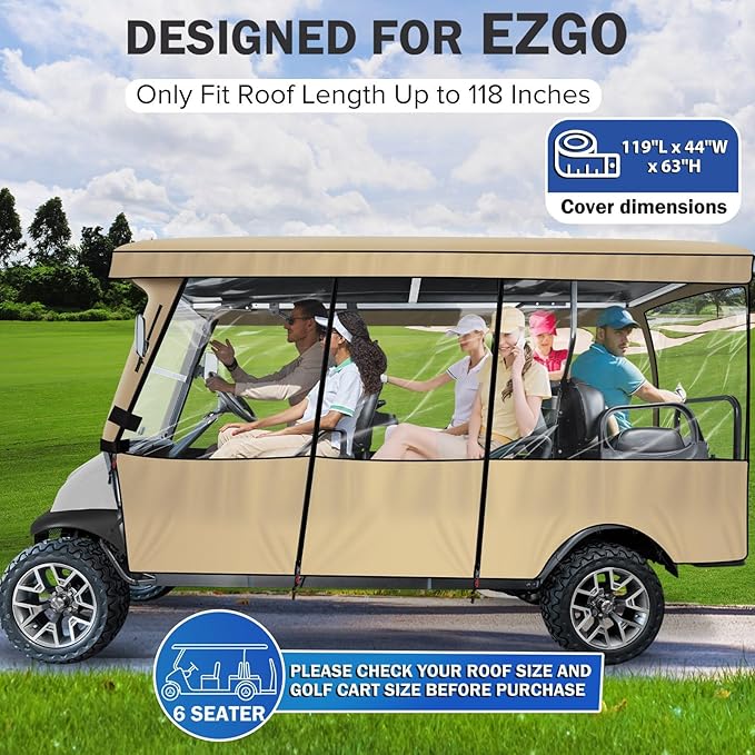 moveland Golf Cart Enclosure, Waterproof 600D Polyester w/Clear PVC Windshield, Compatible with EZGO Golf Carts (Fits 2 & 6 Passenger Models)