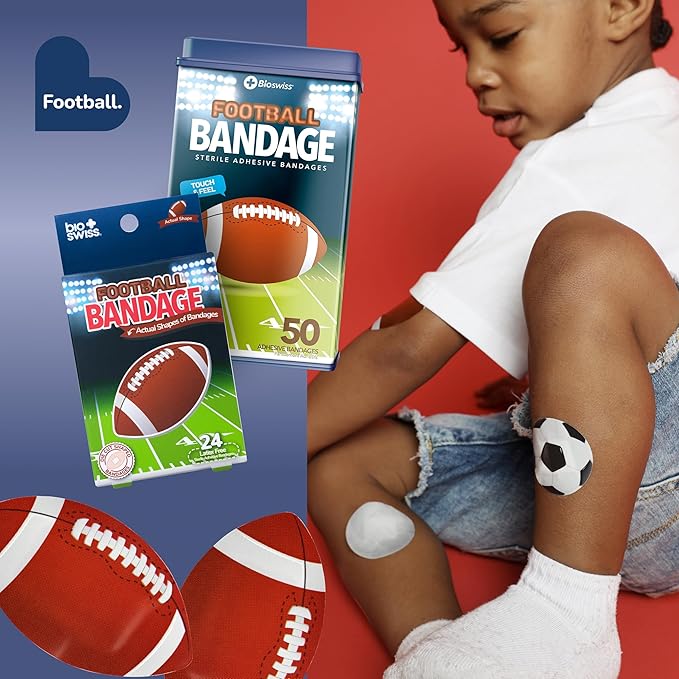 BioSwiss Bandages, Football Shaped Self Adhesive Bandage Set, Latex Free, Sterile Wound Care, 24 Count