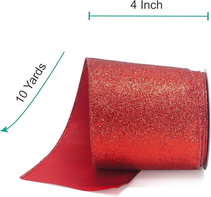 CT CRAFT LLC Glitter Wired Ribbon 4" x 10 Yards Red - Image 2