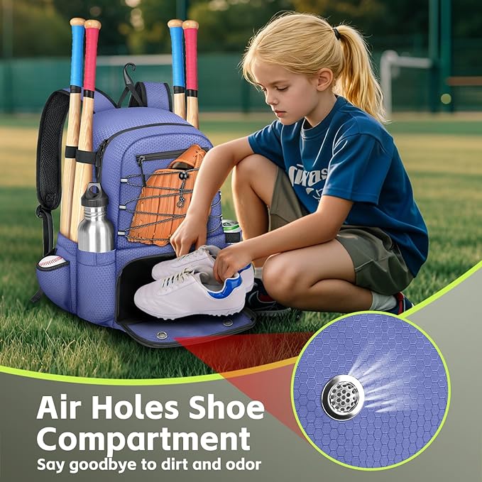 MATEIN Baseball Bat Bag for 4 Bats with Ball Pocket, Lightweight Youth Baseball Backpack with Shoe Compartment, Large Capacity Softball Equipment Bag with Fence Hook for TBall Gear, Helmet, Glove