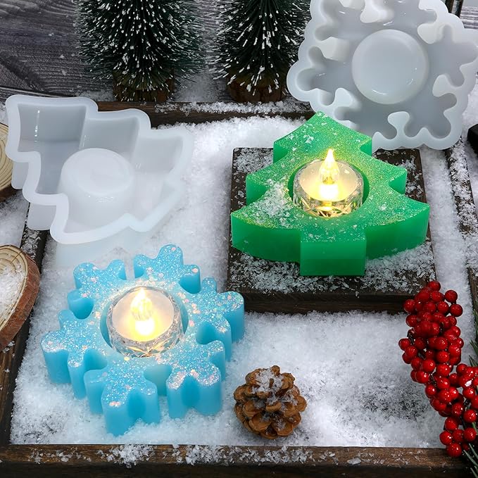 2PCS Christmas Resin Molds Christmas Tree Candle Holder Resin Molds Snowflake - Image 3