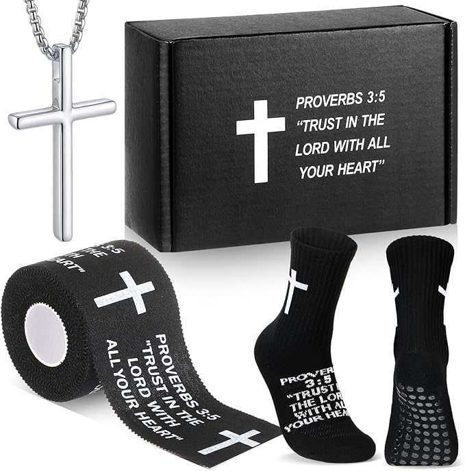 TrelaCo 4 Pack Christian Sports Gift Set with Athletic Tape Sport Socks Cross Necklace Gift Boxes Religious Soccer Socks