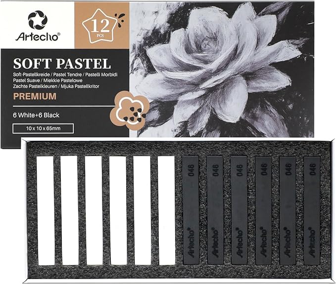 Artecho 12pcs Soft Pastels, 6 White and 6 Black Soft Pastels, Square Chalk by Artecho