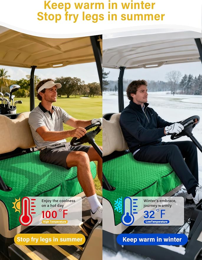 Golf Cart Seat Covers,Golf Cart Seat Towel Blanket with 4 Front Pockets & Nonskid Bottom Fits for EZGO TXT, RXV and More 2 Person Seats Golf Carts (Christmas Green, Ezgo TXT, RXV)