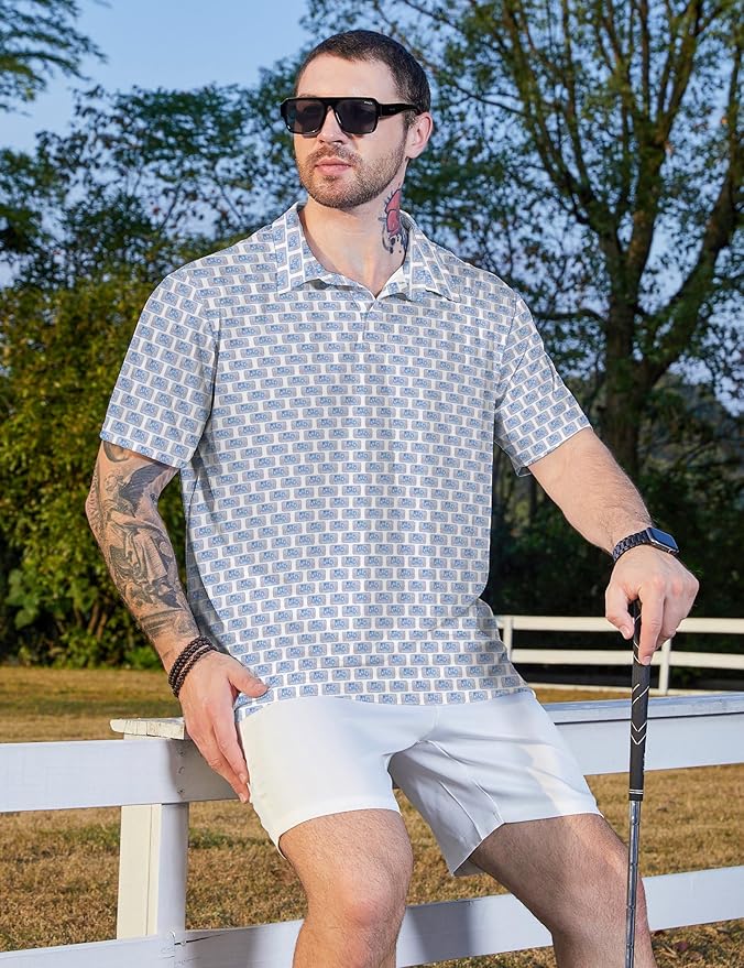 HUURAY Funny Golf Polos for Men Funny Print Short Sleeve Shirts Quick Dry Polo Shirts Hawaiian Shirt Performance Golf Outfits