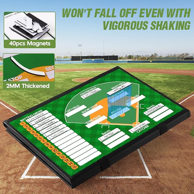 Magnetic Baseball Lineup Board, Collapsible Professional Softball & Baseball Lineup Board for Dugout, Baseball Clipboard for Coaches with 40 Magnetic Lineup Cards and High-End Markers (Leather Cover)