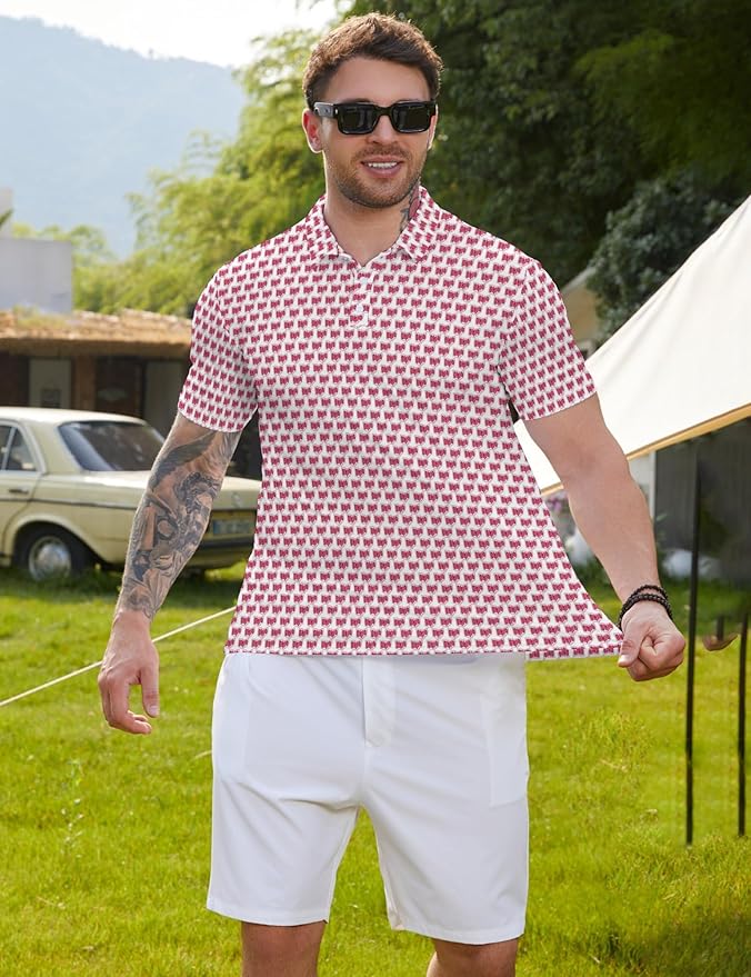 HUURAY Funny Golf Polos for Men Funny Print Short Sleeve Shirts Quick Dry Polo Shirts Hawaiian Shirt Performance Golf Outfits