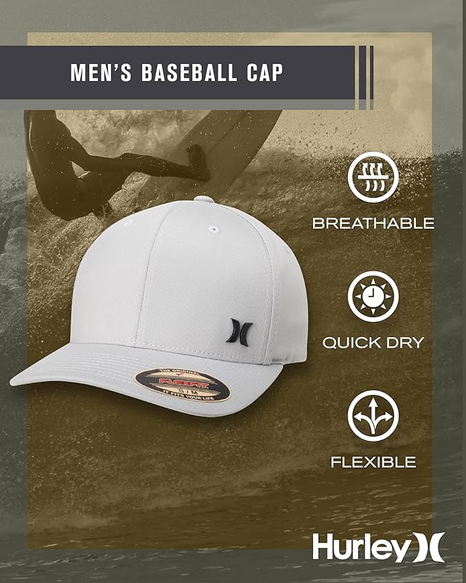 Hurley Mens Baseball Cap - Curved Brim Flexfit Ball Cap, Moisture Wicking Breathable Fitted Hat for Men