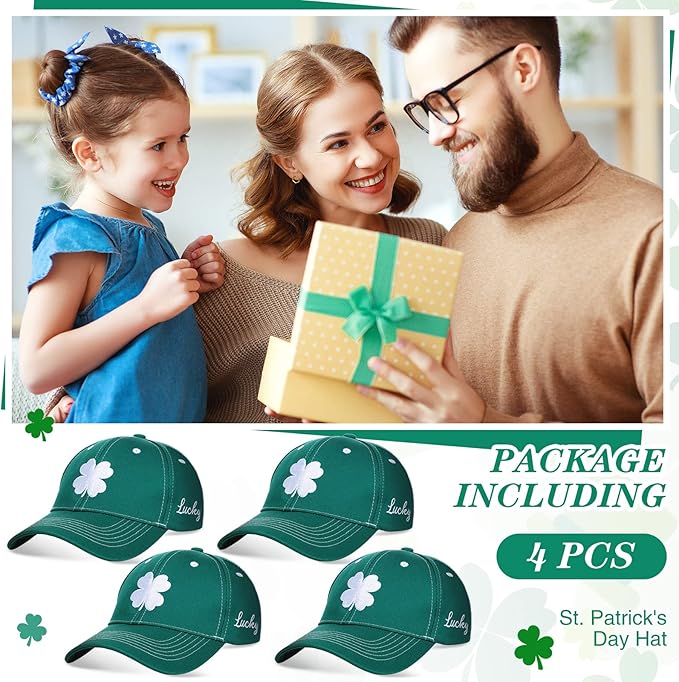 Tigeen 4 Pcs St Patricks Day Clover Caps Shamrock Hat Ireland Irish 4 Leaf St. Patrick's Day Hat Gift Men Women Baseball Cap