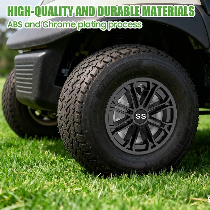 10L0L Golf Cart SS Wheel Covers Hub Caps for EZGO, Club Car, Yamaha - 8 Inch Snap-on Installation, New Black, Set of 4