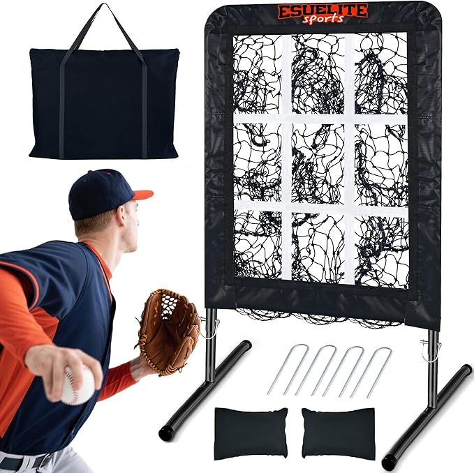 9 Hole Pitching Net with Strike Zone, Baseball Softball Pitching Target – Adjustable Height Portable Indoor Outdoor Training Equipment for Pitchers of All Levels, Coaches, and Players