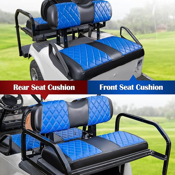 NOKINS 4PCS Golf Cart Diamond Seat Covers Kit,Front and Rear Seat Covers for Club Car Precedent/EZGO TXT/Yamaha Original Regular Seat Cushion (Blue and Black, Fit EZGO TXT 1994-2013)