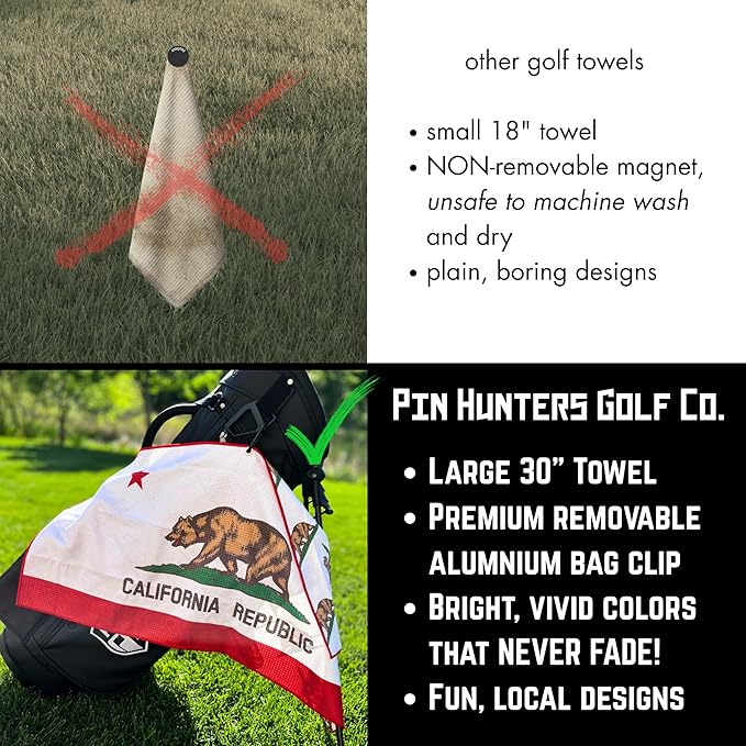 Pin Hunters California Flag Microfiber Golf Towel | Premium Waffle Towel with Clip | Large 31"×15.5" Towel for Golf Bags | Accessories for Men | Fun Gift for Husband | USA Pride