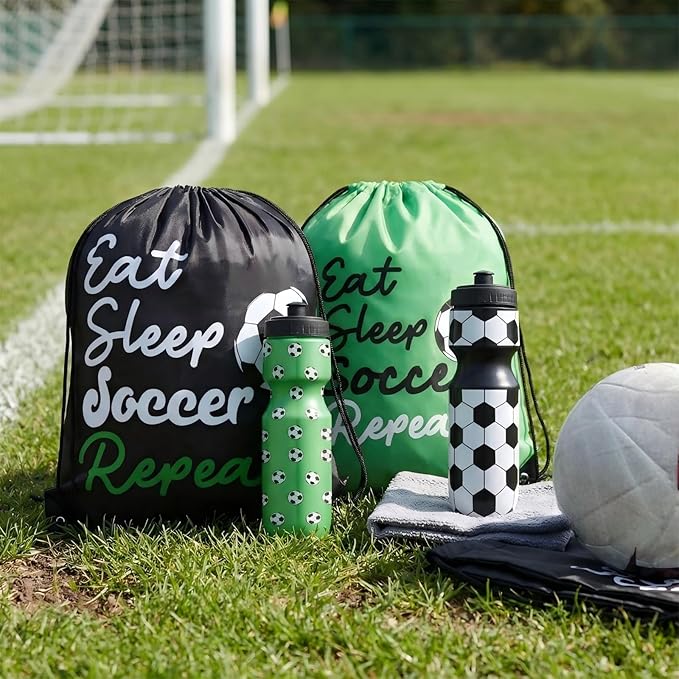Reallnaive 12 Pcs Soccer Party Favor Gifts, 24 oz Soccer Water Bottle Reusable Sport Squeeze Drinking Cup, Eat Sleep Drawstring Bag Cinch Sack Sport Pack for School Team Gift Event Accessories