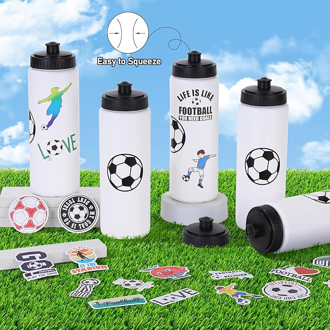 DI QIU REN 12 PCS Soccer Water Bottle Bulk with 300 PCS Stickers, 20 OZ Plastic Reusable Soccer Water Bottles for Boys, Squeeze Water Bottles Sports for Team, Sports Bottles Squeeze for Gym