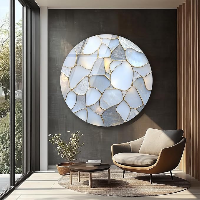 My Photostation.com 15.8'' Diameter White Stone Mosaic Round Glass Wall Art - Image 5