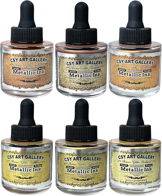CSY art gallery Metallic Acrylic Paint Ink-Water Resistant Drawing Inks Set-24K by CSY+art+gallery