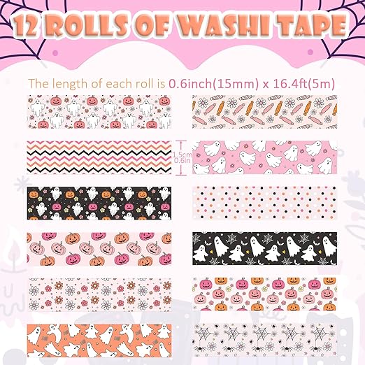12 Rolls Halloween Washi Tape, Cute Ghost Pumpkin Spiders Masking Tape Boho - Image 2