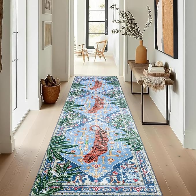 Oriental Tropical Hallway Runner Rug 2x6 Washable, Thin Stain Resistant Blue by Aldopein