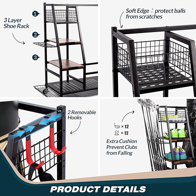 Sttoraboks Golf Bags Storage Garage Organizer, Golf Bag Rack Fits 2/3 Golf Bags and Golf Equipment Accessories, Golf Club Storage Stand with Wooden Shelf and Lockable Wheels for Garage Indoor Basement