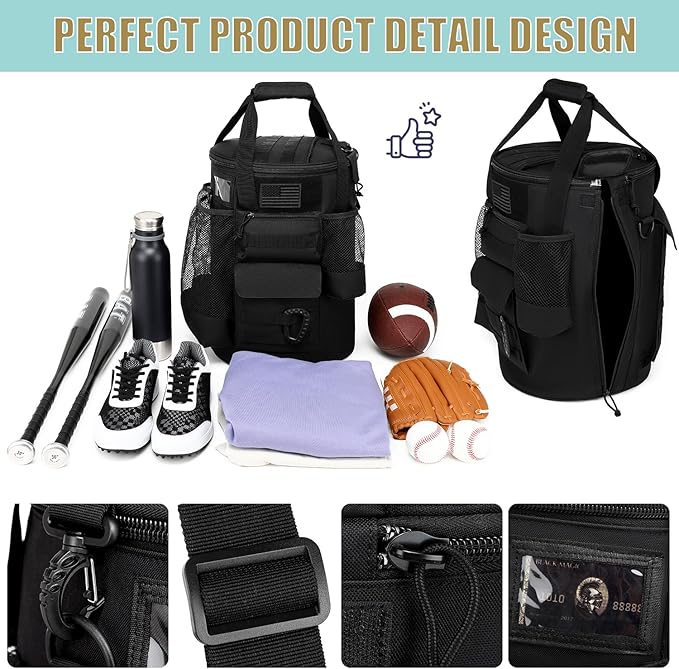 Baseball Bucket Bag Baseball Coaching Accessories Organizer Tactical Style Softball Bucket Bag with Anti-Slip Bottom, Multiple Pockets for Bat, Gloves, Scoreboards