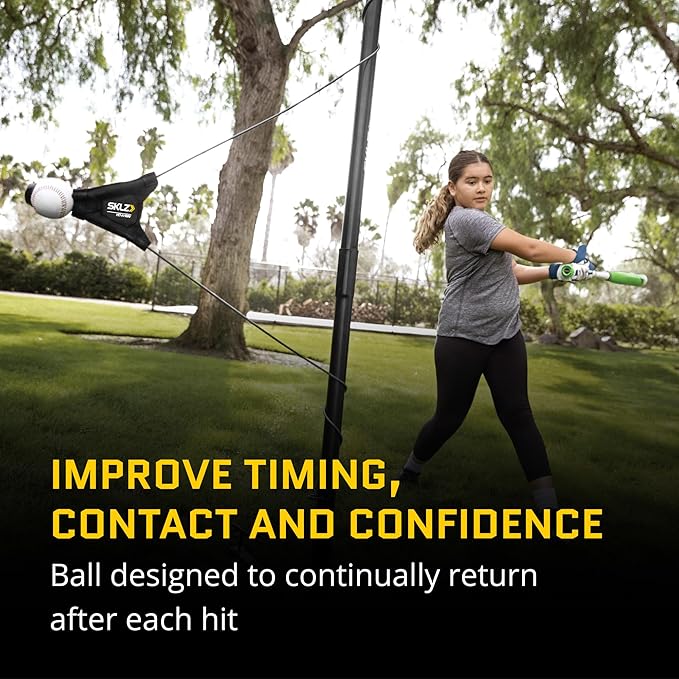 SKLZ Hit-A-Way Youth Baseball Swing Trainer, Portable Solo Batting Practice with Stand, Tethered Ball for Hitting Drills, Ages 13 and Under