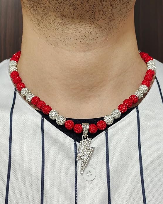 Baseball Necklace for Men 16/18/20 Inch Bling Ice Collection Lightning Bolt Pendant Necklace for Women Rhinestone Clay Beaded Discoball Accessories Gifts for Baseball Team Players Lovers