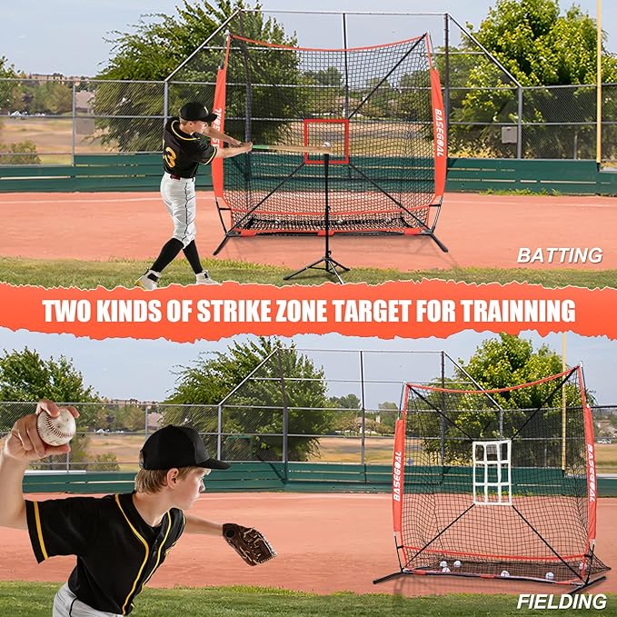 BaseGoal 6'×6' Baseball Softball Practice Net,Baseball Backstop,with Batting Tee,Ball Caddy,for Hitting Pitching Batting Catching with Bow Frame,Bonus Strike Zone,Target,Portable and Foldable