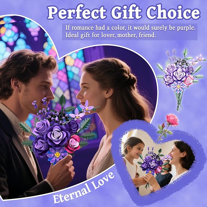 Purple Roses Flower Bouquet Building Sets, Gifts - Image 4