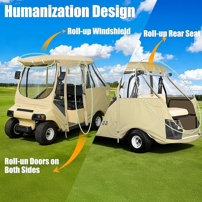 10L0L Golf Cart Driving Enclosure for Club Car DS 2+2 Passenger Short Roof, Waterproof Windproof Heavy Duty 600D Rain Cover with 4-Sided Clear Windows Durable Door Zipper All-Weather Protection Beige
