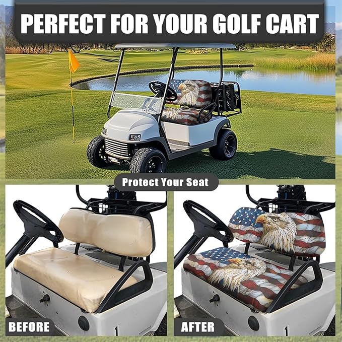 Bulopur Bald Eagle American Flag Golf Cart Seat Covers 2 Pack Fit for EZGO TXT RXV/Club Car DS Precedent Golf Cart Bench Cover and Backrest Cover Set Patriotic Golfcart Accessories