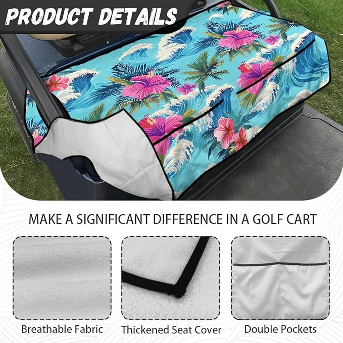 Golf Cart Seat Covers, Universal Golf Cart Seat Towel Blanket with 4 Front Pockets & Nonskid Bottom Fits for Club Car 2 Person Seats Golf Carts