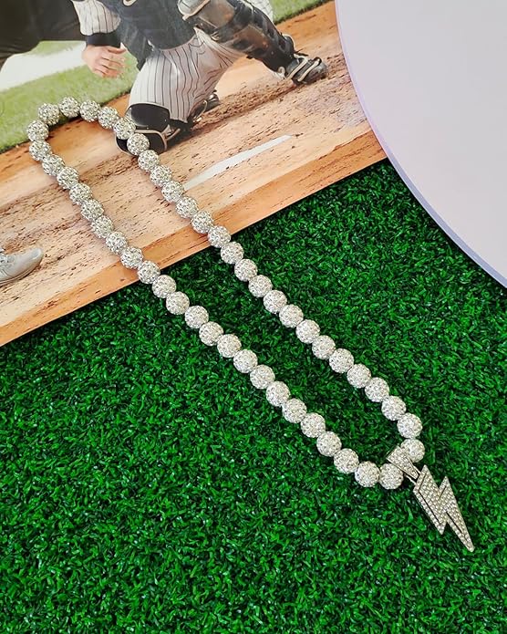 Baseball Necklace for Men 16/18/20 Inch Bling Ice Collection Lightning Bolt Pendant Necklace for Women Rhinestone Clay Beaded Discoball Accessories Gifts for Baseball Team Players Lovers