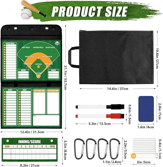 Magnetic Baseball Lineup Board - Collapsible Professional Softball & Baseball Coach Clipboard for Dugout, Leather Cover, 40 Lineup Cards, Markers & Eraser, Tactical Planning for Training & Games