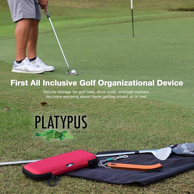 Platypus Golf Co. Golfing Caddie EVA Travel Case Organizer with Bamboo Tees & Ball Marker - Hand Reversible Hinging Glove Shaper & Holder, Mesh Pocket & Storage Slots, Golfers Cases for Men & Women