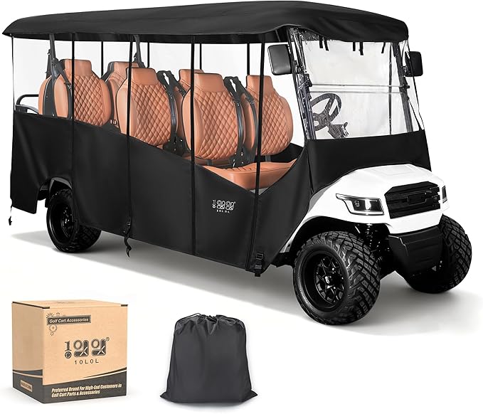 10L0L 2/4/8 Passenger Golf Cart Enclosure for Club Car Precedent/Tempo/Onward, 600D Waterproof Golf Cart Rain Cover, Driving Enclosure with 4-Sided Clear Windows Roll-up Door Black -Roof 58"-141"