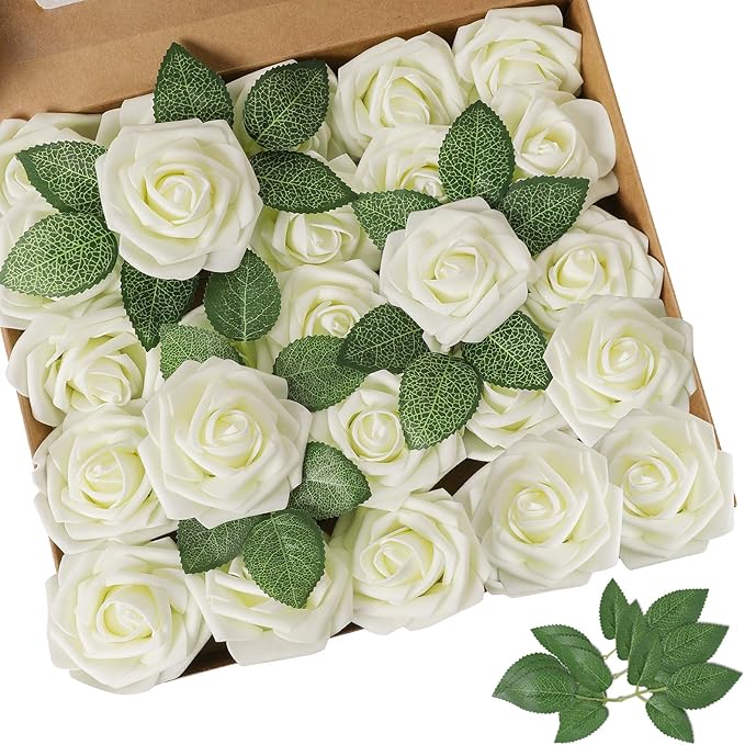 AmyHomie Artificial Flower Ivory Rose 25pcs Real Looking Fake Roses w/Stem by AmyHomie