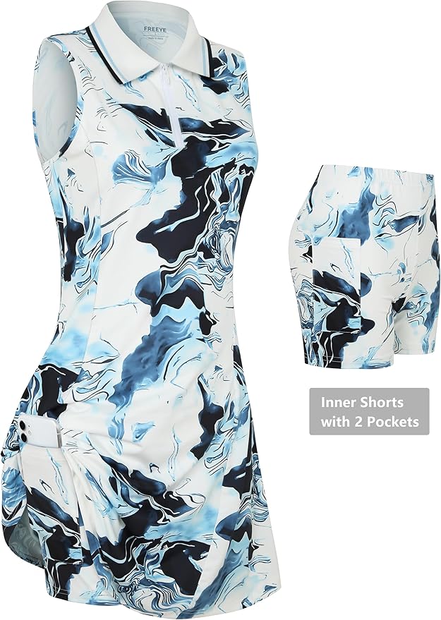 Womens Sleeveless Golf Tennis Dresses with Inner Shorts＆Pockets for Workout Exercise