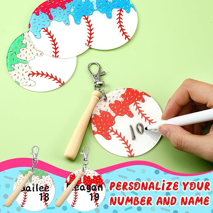 Cunno 12 Sets Baseball Ice Cream Drip Acrylic Keychain Blank DIY Kit Bulk Baseball Ice Cream Theme 3 Inch Acrylic Keyring with Swivel Snap Hook Keychain for Team Gifts Sport Party Favors