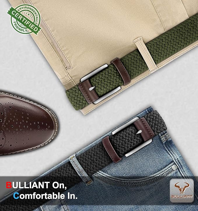 BULLIANT Belt for Men 2Pack,Mens Gift Stretch Braided Web Belt Elastic for Casual Golf Jeans,1 3/8"