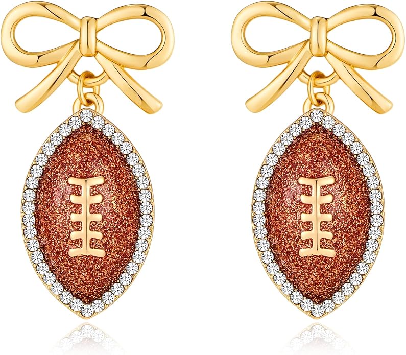 Rhinestone Bow Football Stud Earrings, Sparkly Sports Themed Dangle Earrings for Women, Cute Game Day Jewelry Gift