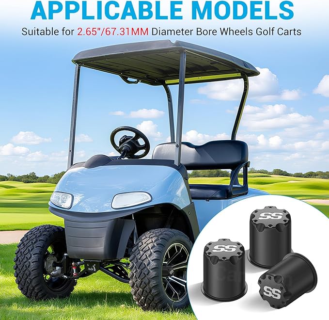 Golf Cart Black SS Center Cap Cover, Suitable for 2.65" Dia Bore Wheel Rim SS Chrome Plastic Center Caps for EZGO Golf Cart Wheel -4 Black Packs