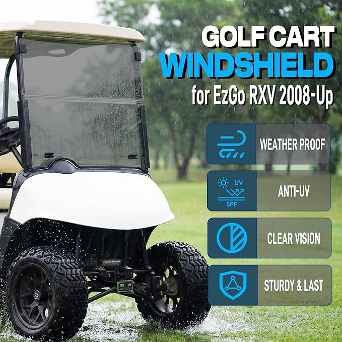 Golf Cart Windshield 3/16"(5MM) Thick Replacement for EZGO RXV 2008-up Foldable Tinted Upgrade Thick Acrylic Impact Resistant Shatterproof Anti-UV with Mounting Hardware