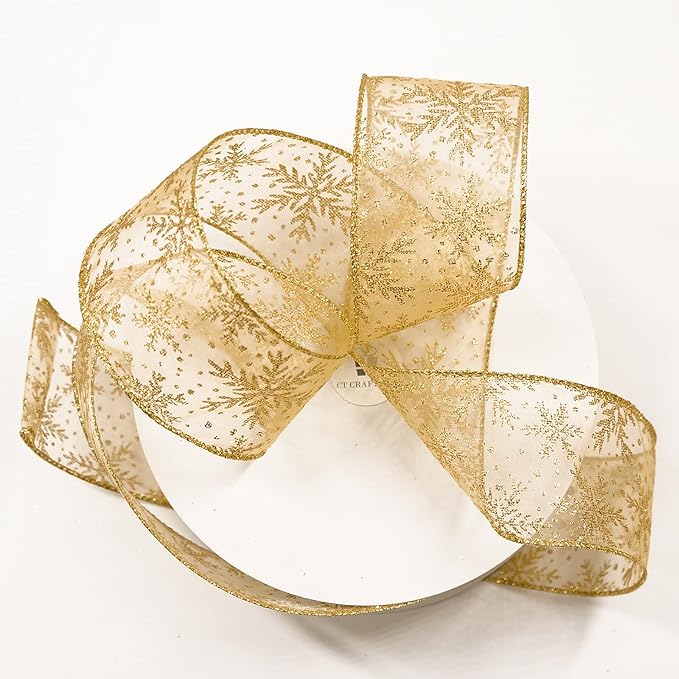 CT CRAFT LLC Organza with Gold Glitter Snowflakes Wired Ribbon 2.5 inch x 50 - Image 2