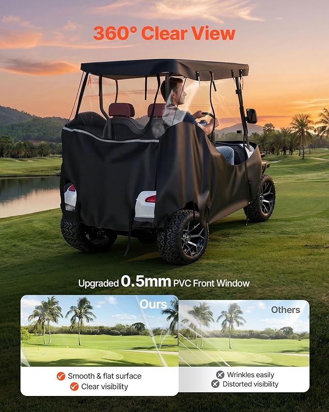 VEVOR Golf Cart Cover, Visible Full-Enclosure 2&2+2 Passenger Golf Cart, 600D Waterproof Oxford Fabric Club Car Cover Fits Most Carts Club Car, Yamaha, EZGO, Honda, PVC Coating & Windproof Hook Design