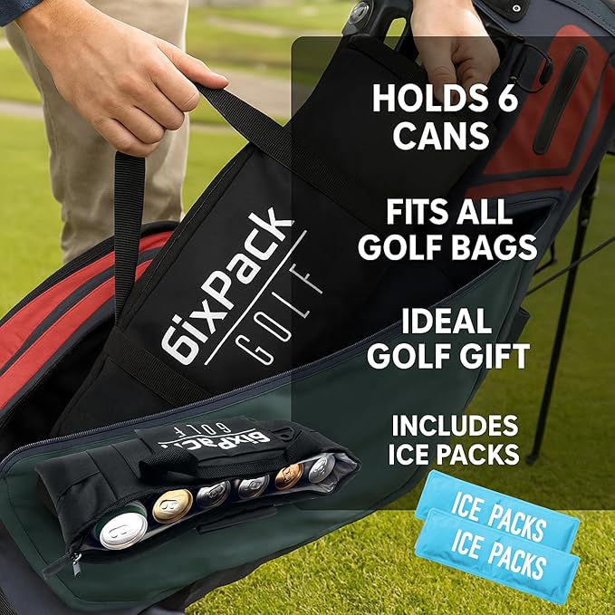 Golf Cooler Bag with 2 Ice Packs - Insulated Golf Bag Cooler Holds 6 Cans, Fits Most Golf Bags - Soft Portable Cooler for Hot Days on the Course, Golf Accessories for Men