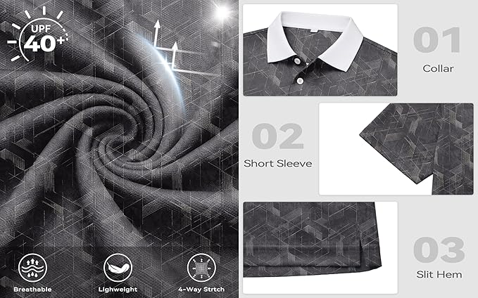 KUYIGO Mens Polo Shirt Quick Dry Moisture Wicking UPF 40+ Performance Printed Short Sleeve Summer Tennis Golf Shirt