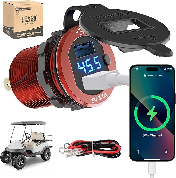 10L0L 9V-55V Input Golf Cart Quick Charge 3.0 Dual USB Charging Socket,2 in 1 USB Ports & Digital Voltmeter Universal for Club Car,EZGO and Yamaha,Metal Shell Safe Charge Outlet
